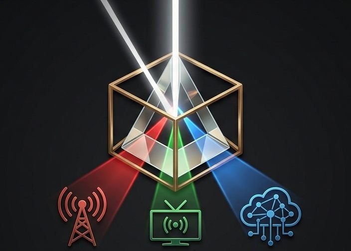 A prism splitting light into broadcast, TV and digital media icons